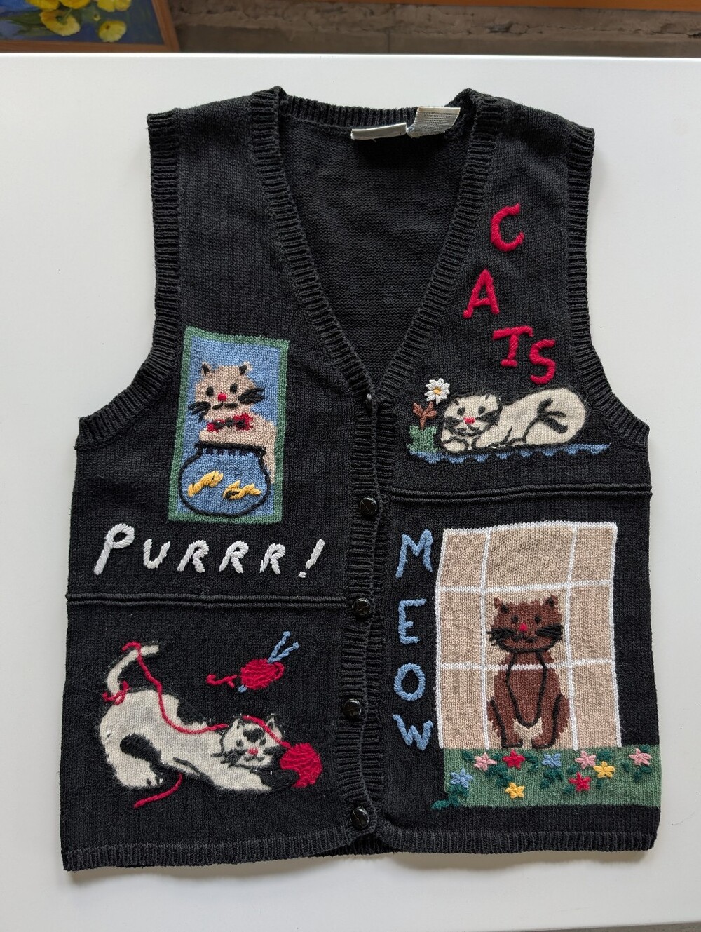 90s Vintage Cotton Ramie Cat Lady Sweater Vest 😻 Large